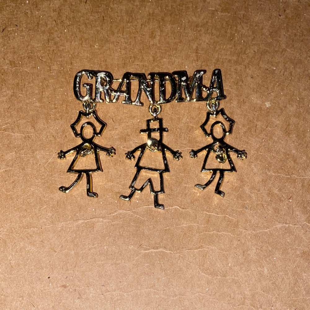 Vintage Grandma Brooch with 3 Child Charms - 2 girls 1 Boy